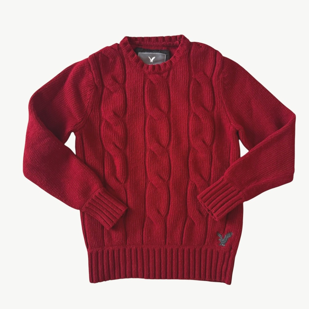 Preppy Y2K American Eagle Red Cable Knit Wool Cashmere sweater Mens L Thick Warm